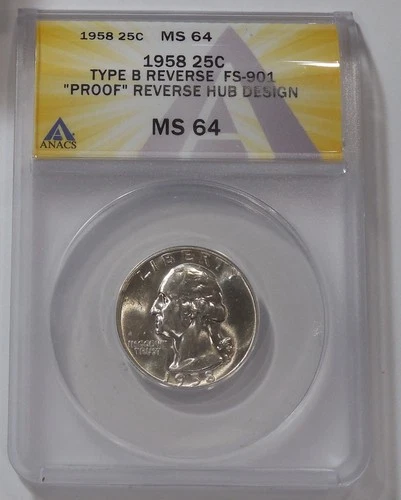 1958 ANACS MS 64 WASHINGTON Quarter Nice SILVER FS-901 PROOF Reverse Type B