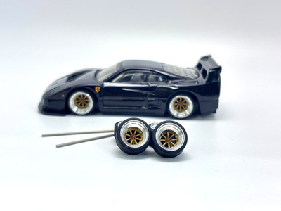 V3B- JROTA 8 Spoke Aluminium Rim Gold Rubber Tire 10mm # Custom 1/64 Diecast Car