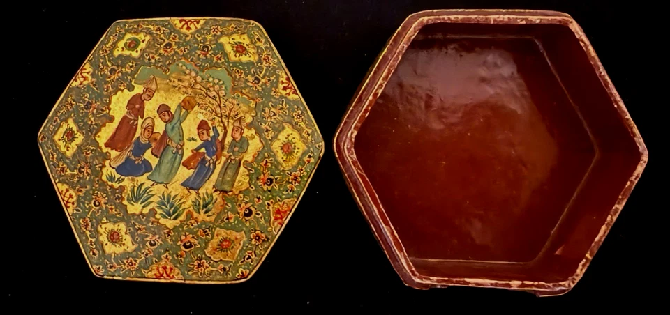 Antigua laca persa hexagonal persa Qajar papel maché persa de Oriente Medio Foto 3 de 4