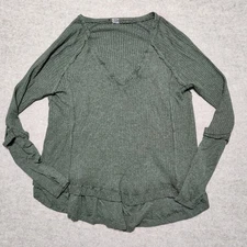 We The Free People Green Waffle Knit Ruffle Hem V-Neck Long Sleeve Top