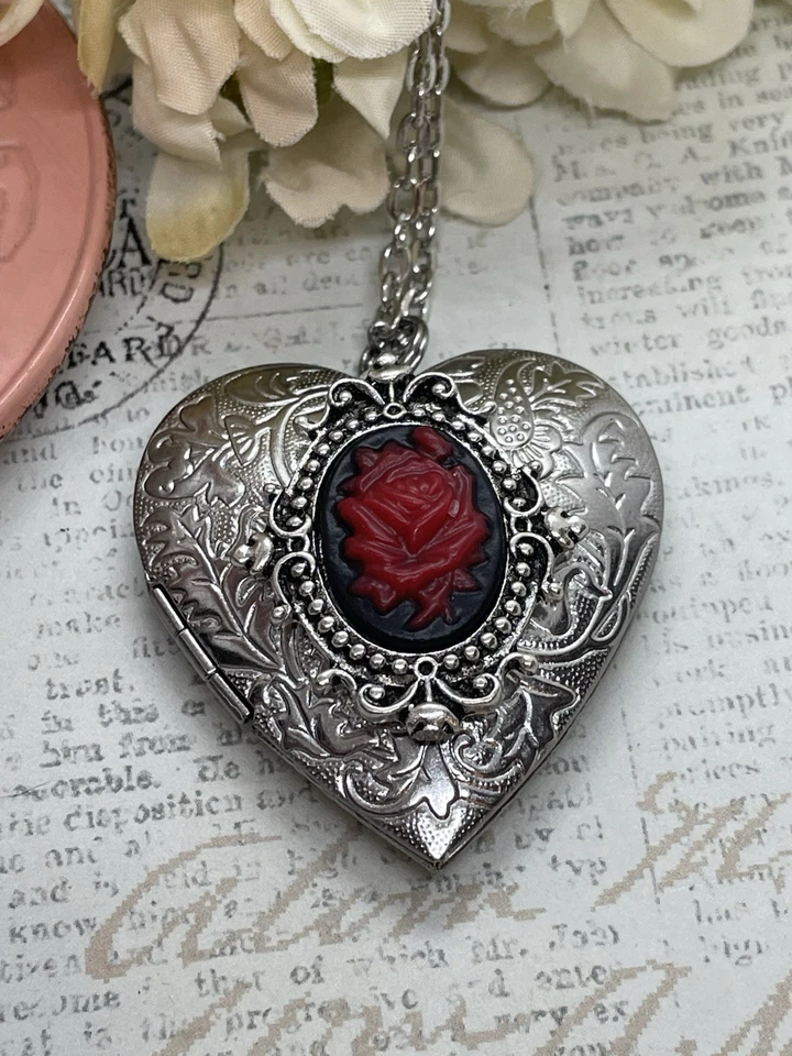 Corazón Plata Negro Rojo Medallón Rosa Gótico Collar Foto Novia Boda Novia Foto 4 de 4