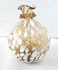 Murano Style Amber & White Vintage Glass Vase Applied Threading Ruffled Edge 6"