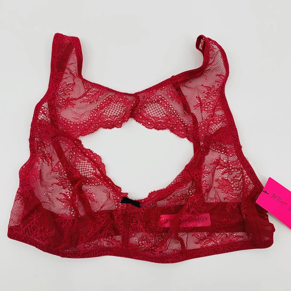 NUEVO CON ETIQUETAS Mujeres Betsey Johnson Sujetador Recortado Encaje Glamour Sin Alambres Rojo M 3808 Bralette WF Foto 2 de 4