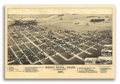 Bird's Eye View 1882 Great Bend KS Vintage Style City Map - 20x30