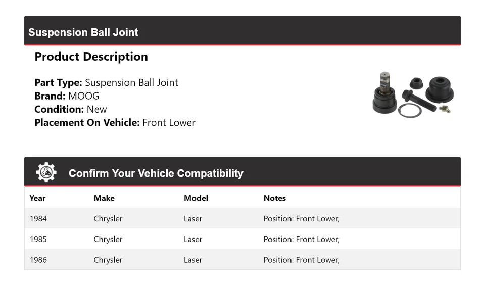 Rótula de suspensión láser delantera inferior MOOG 1984-1986 para Chrysler 1984-1986 Foto 2 de 4