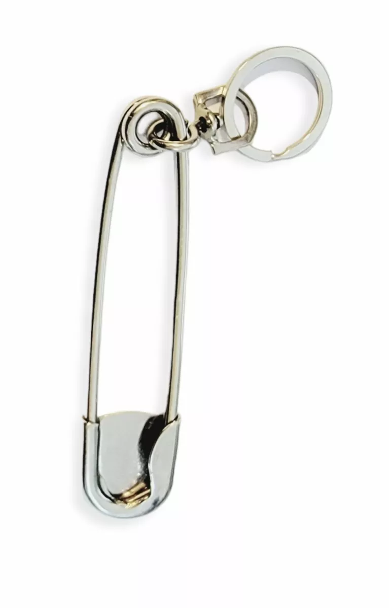 Charm Safety Pin Keychain Silvertone Metal XL Diaper Pin Keyring Pendant  Charms