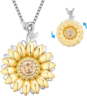 Golden Rotatable Sunshine Sunflower Pendant Necklace for Women Sterling Silver