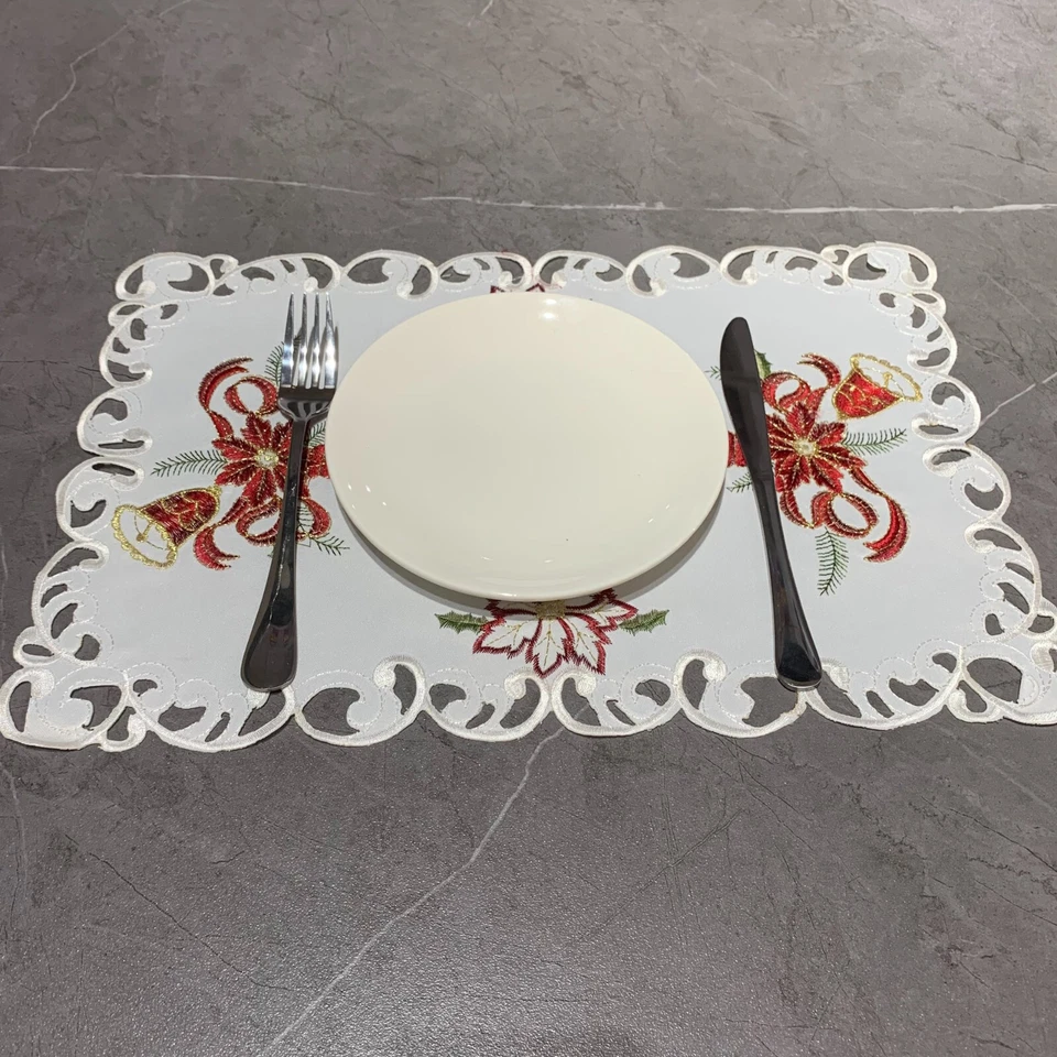 Set of 4 Vintage Embroidered Christmas Candle Placemats Lace Table Mat 11"x17" - Image 2 of 4