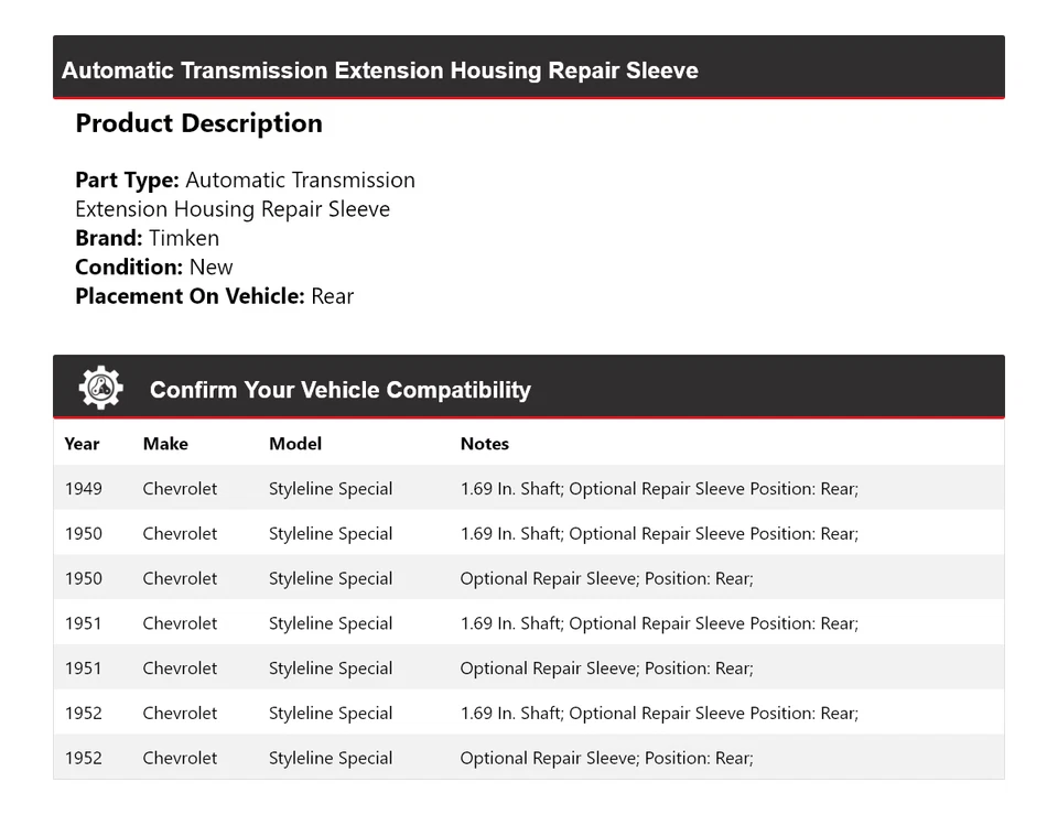 Funda de reparación de carcasa de extensión especial AT 49-52 Chevrolet Stileline Timken Foto 2 de 4