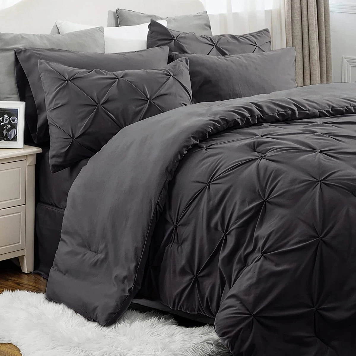 Bedsure Dark Grey Comforter Set Queen - Bed in a Bag Queen 7 Pieces, Pintuck Bed