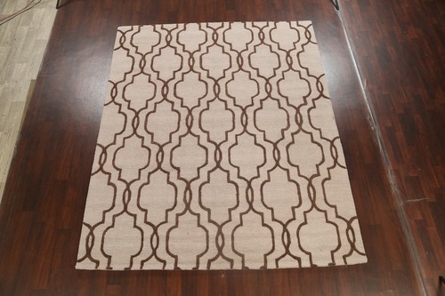 Alfombra de enrejado moderna beige/marrón zona oriental 8x10 comedor lana hecha a mano - Imagen 2 de 12