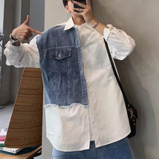 Men Splice Patchwork Shirts Tops Blouse Denim Jean Long Sleeve Loose Casual