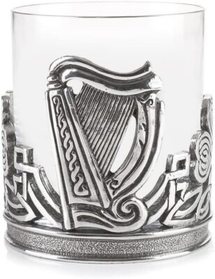 A E Williams Irish Harp and Shamrocks Pewter Whiskey Glass, Barware Collection