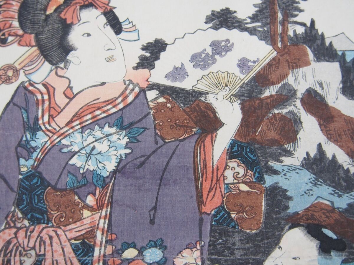 Toyokuni Woodblock Print Triptych: Genji Painting c.1847-52 Toyokuni Woodblock Print Triptych: Genji Painting c.1847-52