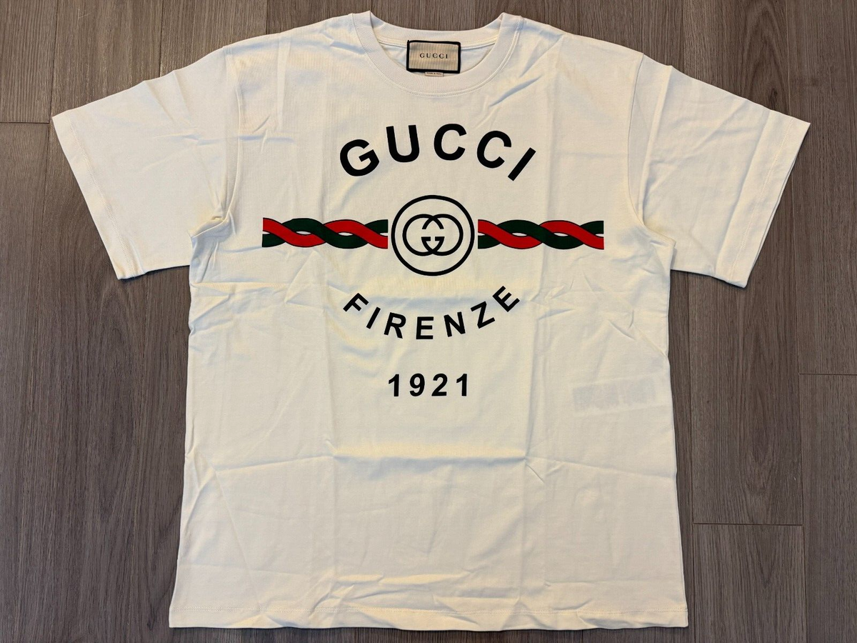 Gucci Firenze 1921 Logo Cotton Tee Shirt white sz L | eBay Gucci Firenze 1921 Logo Cotton Tee Shirt white sz L | eBay