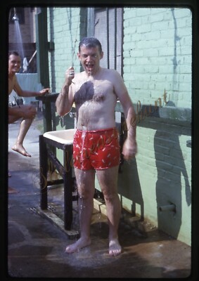 Shirtless Men Outdoor Showers Hairy Chest 35mm Slide 1960s Kodachrome