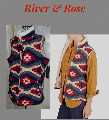 RIVER & ROSE SOUTHWEST PRINT SHERPA LINED FULL ZIP VEST~BLUE,RED~XL