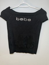 Vintage Bebe Women’s Black Top Bedazzled USA Made Y2K 90s Scoop Neck M