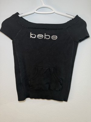 Vintage Bebe Women s Black Top Bedazzled USA Made Y2K 90s Scoop Neck M