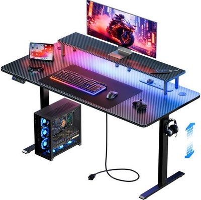 Electric Standing Desk with LED Lights & Power Outlets, Height Adjustable Desk