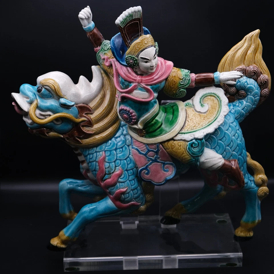 Antique Chinese Ceramic Roof Tile Warrior Riding Dragon Foo Dog - Image 4 of 4
