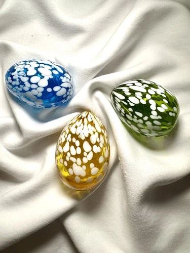 Lot 3 Trio Blown Glass Eggs - Blenko? Blue Yellow Green w White Spring Easter