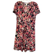 London Times Floral Dress Sz 10 V Neck Short Sleeve Stretch Midi Fit Flare Boho
