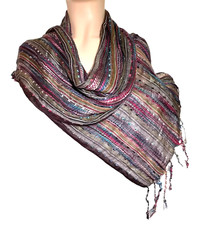Scarf Shawl Wrap Multicolor Strips Fringe Pink Blue Green Earthy Tones Metallic