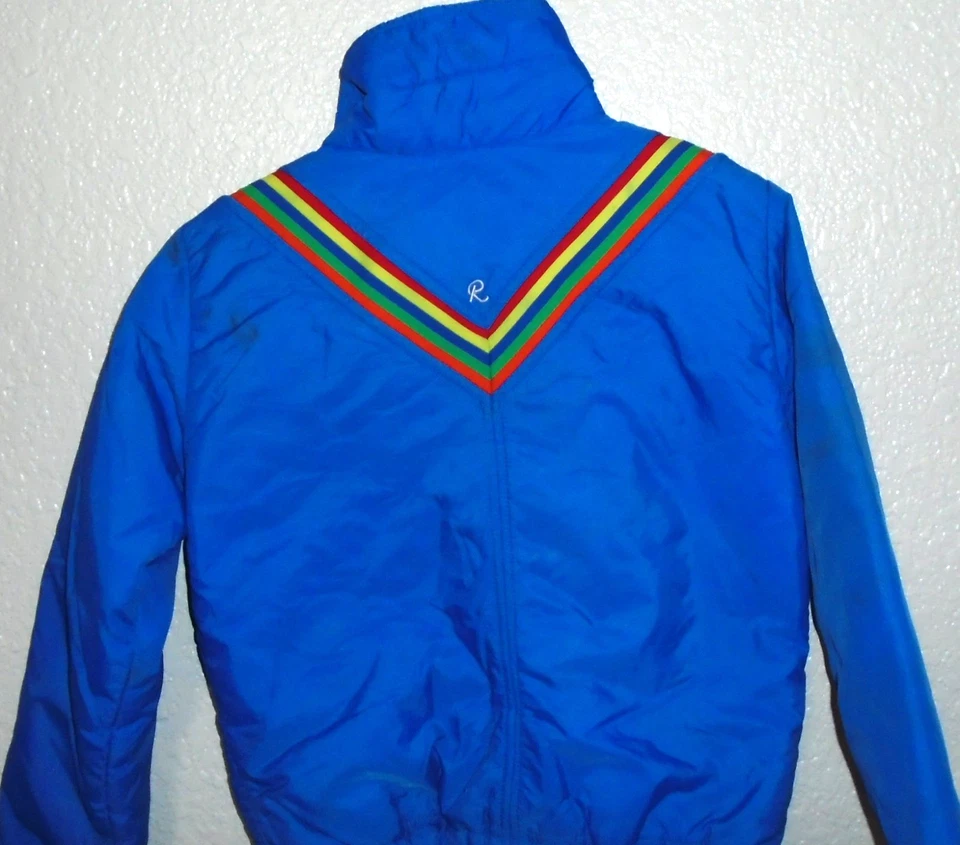 Vintage Roffe 1980s Rainbow Down Filled Blue Ski Jacket size 10 small - Image 3 of 4