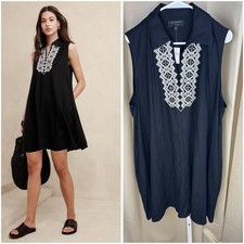 NWT Banana Republic Linen Embroidered Sleeveless Tunic Dress Women's XL Black