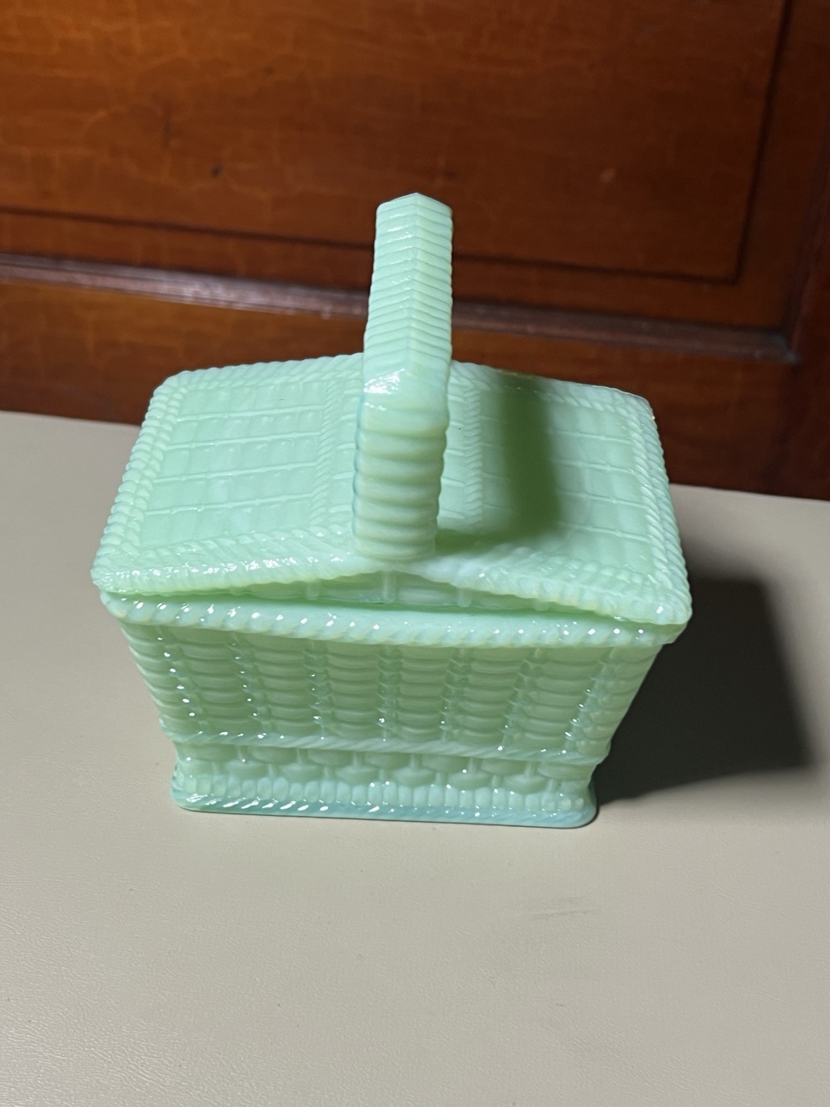 Jadeite, Vintage Westmoreland Green Glass Basket, Picnic Basket, Candy Dish