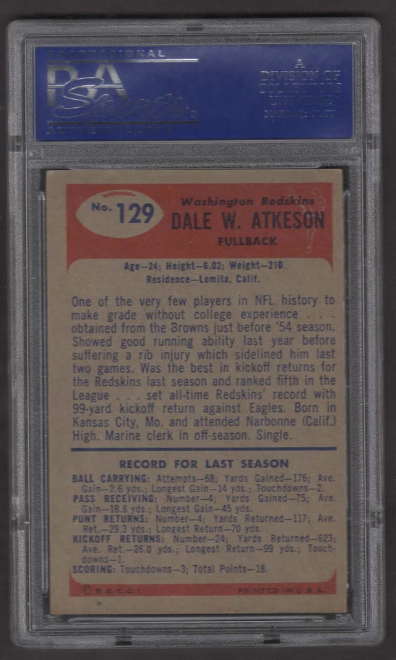 1955 DALE ATKESON Signed Autograph Bowman WASHINGTON REDSKINS PSA 70-Yrs Old RC - Image 2 of 2