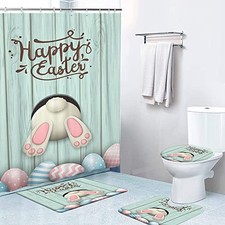 4 Pcs Shower Curtain Sets with Non-Slip Rugs, Toilet Lid Cover and Bath