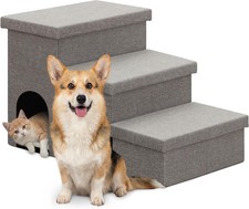 3-Step Folding Pet Stairs for Dogs/Cats, 18" H, Storage, Gray