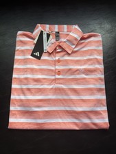 NWT MEN'S ADIDAS POLO, SIZE: L, COLOR: CORAL/WHITE STRIPED M8.7 