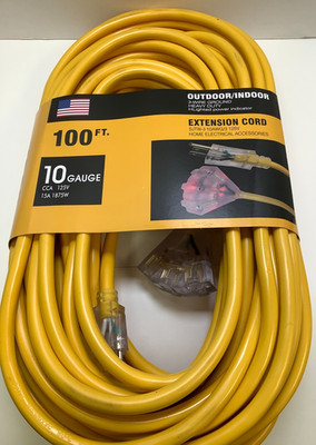 10 Gauge 100 FT 3 Outlet Lighted Extension Cord, 10 AWG, Heavy Duty