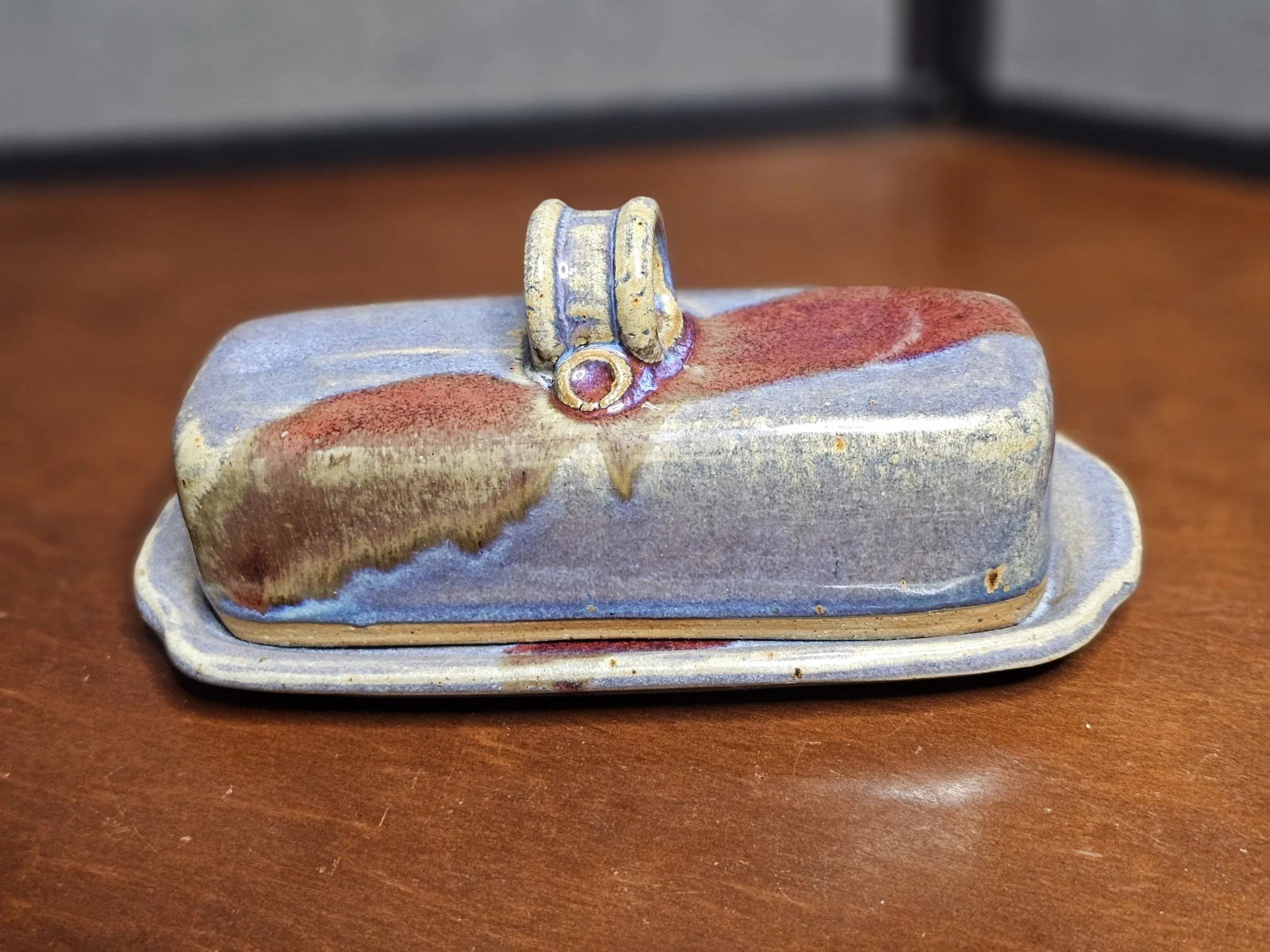 Vintage Studio Pottery Covered Ceramic Butter Dish MultiColor Glaze 1/4 Lb Stick