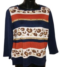  ALFRED DUNNER PETITE  COTTON RAYON BLEND NAVY LEOPARD SWEATER SZ PM