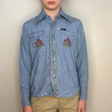 Vintage 1970s Kids Chambray Shirt Floral Embroidery 70s Miller Western Wear 10