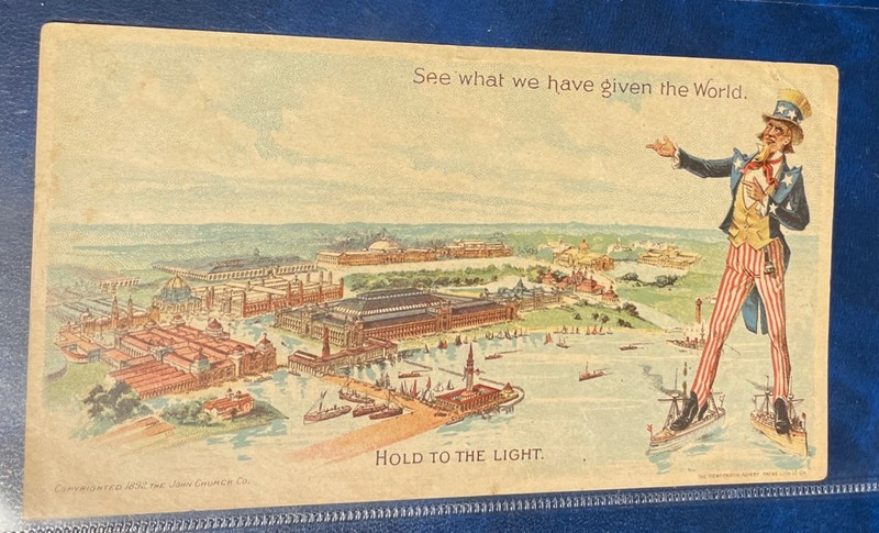 Hold to Light trade card - Uncle Sam ad Everett Pianos - World's Col Expo 1892