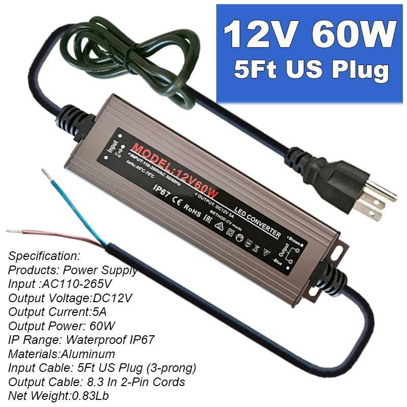 10 Pack DC 12V 5A 60W Adapter foor Led Strip , IP67 Waterproof 12 V Power Supply - Image 2 of 4