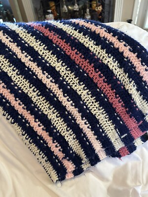 Vintage Afghan Handmade Crocheted Lap/Chair Throw  Dk Blue White Pink  60x65 