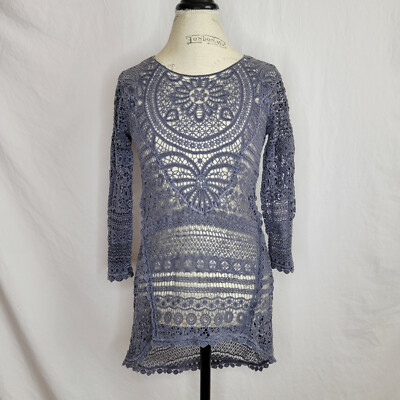 xcvi crochet dress XCVI Crochet Mini High Low Dress 3/4 Sleeve Boho Grey Size XS