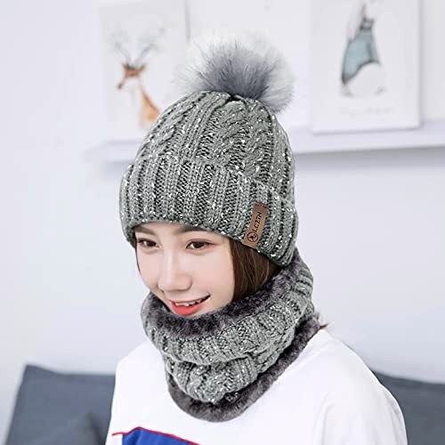 Womens Pom Beanie Hat Scarf Set Girls Cute Winter Ski Light Grey  Beanie&scarf