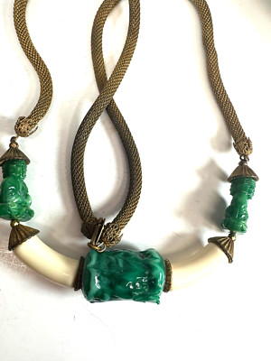Vintage Necklace Miriam Haskell Buddha Mesh Tube Chain Signed Plastic Beads
