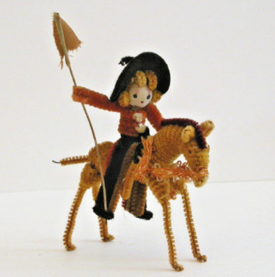 Vintage Chenille Pipe Cleaner Horse with Glass Eyes & Rider with Silk Face