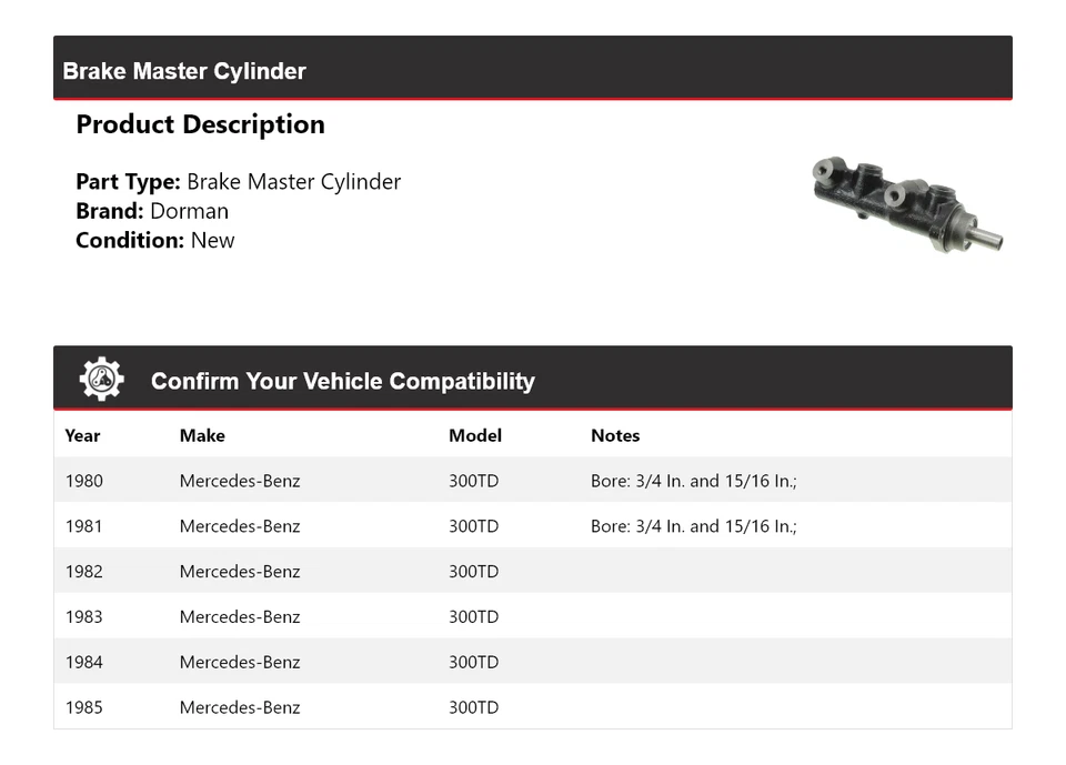 Cilindro maestro de freno Dorman 1981 1982 1983 para Mercedes-Benz 300TD 1980-1985 Foto 2 de 4