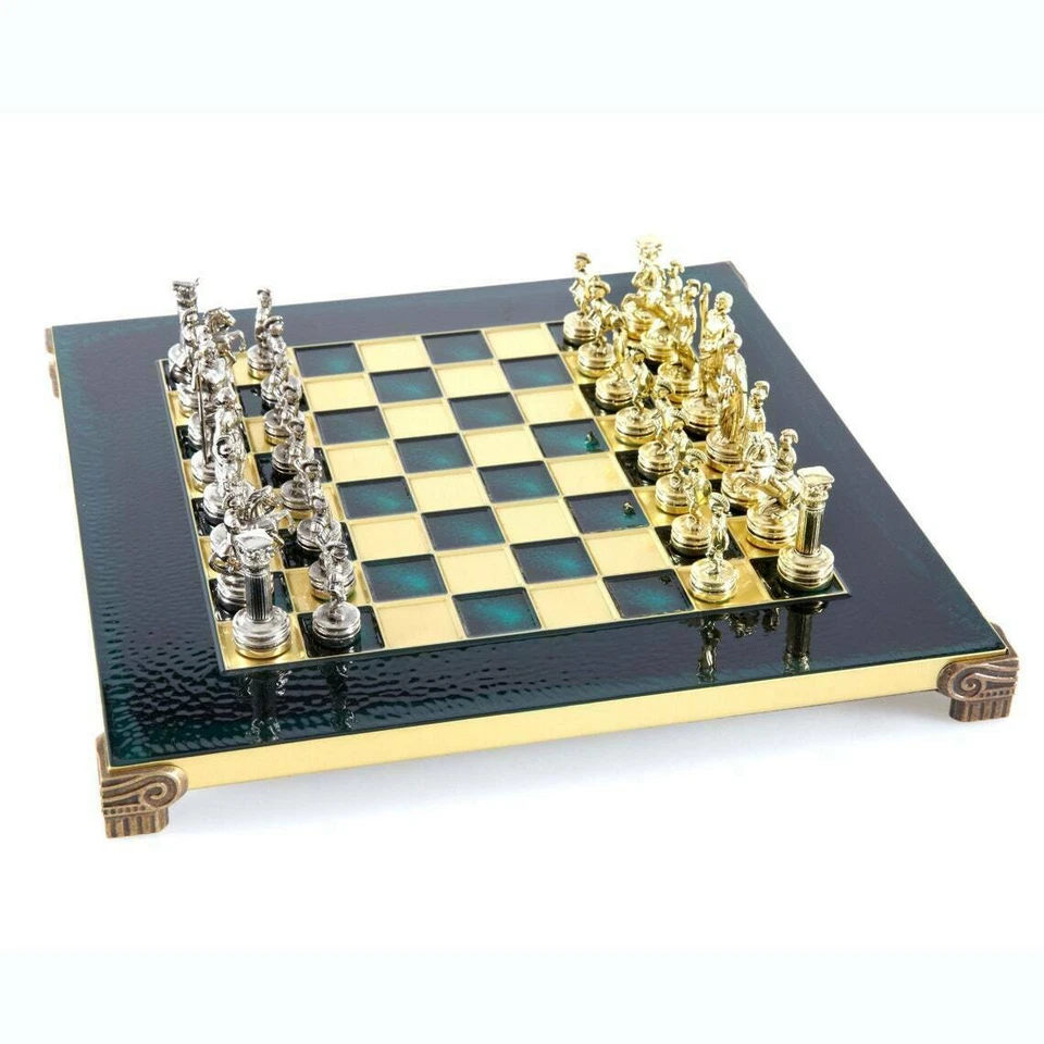 Manopoulos Greek Roman Army Chess Set - Brass Nickel Pawns - Green chess Board - Image 2 of 4