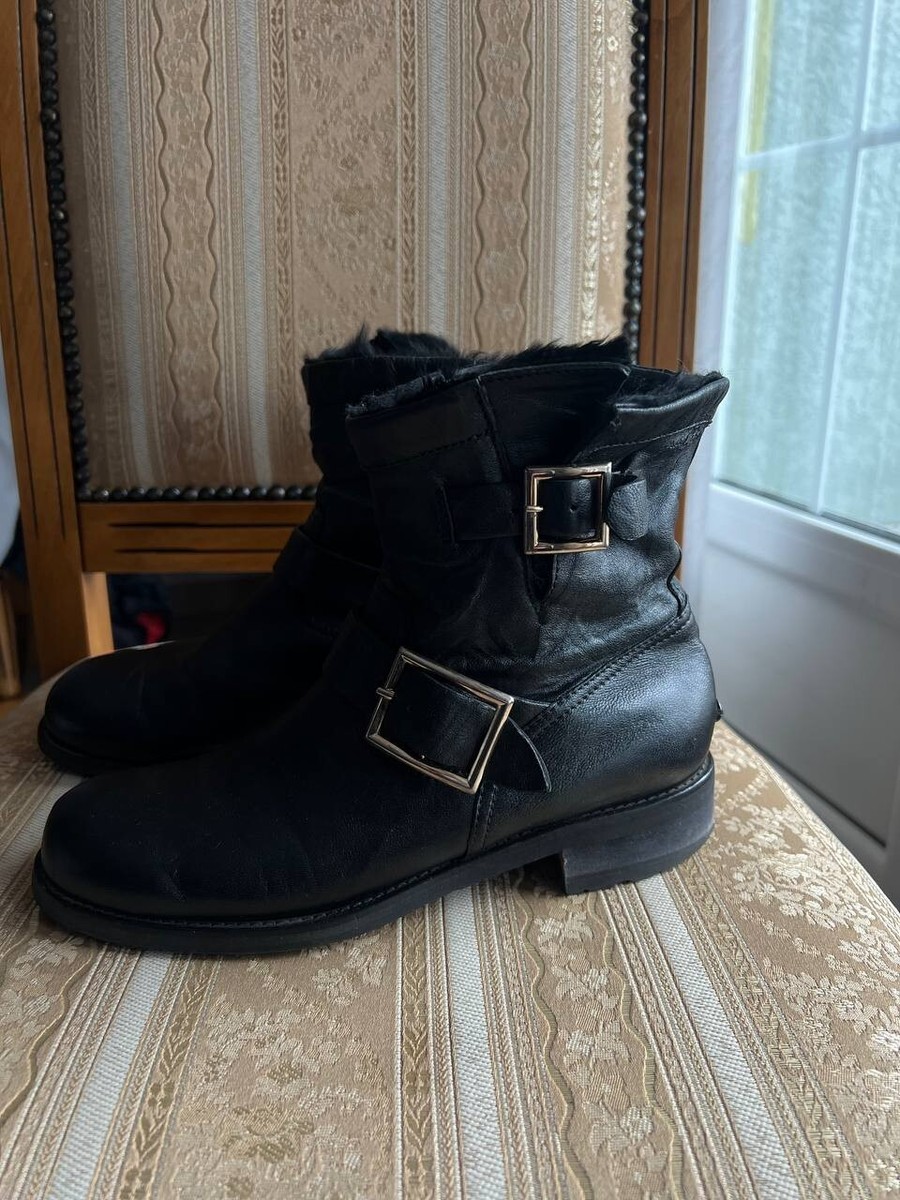 ⭐️JIMMY CHOO BIKERバックルレザーブーツ37⭐️ JIMMY CHOO BLACK LEATHER BIKER FUR LINED BOOTS MID HIGH WOMENS
