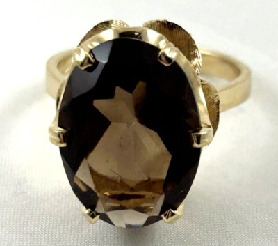 14K Yellow Gold & Smoky Quartz North South Statement Ring Size 9